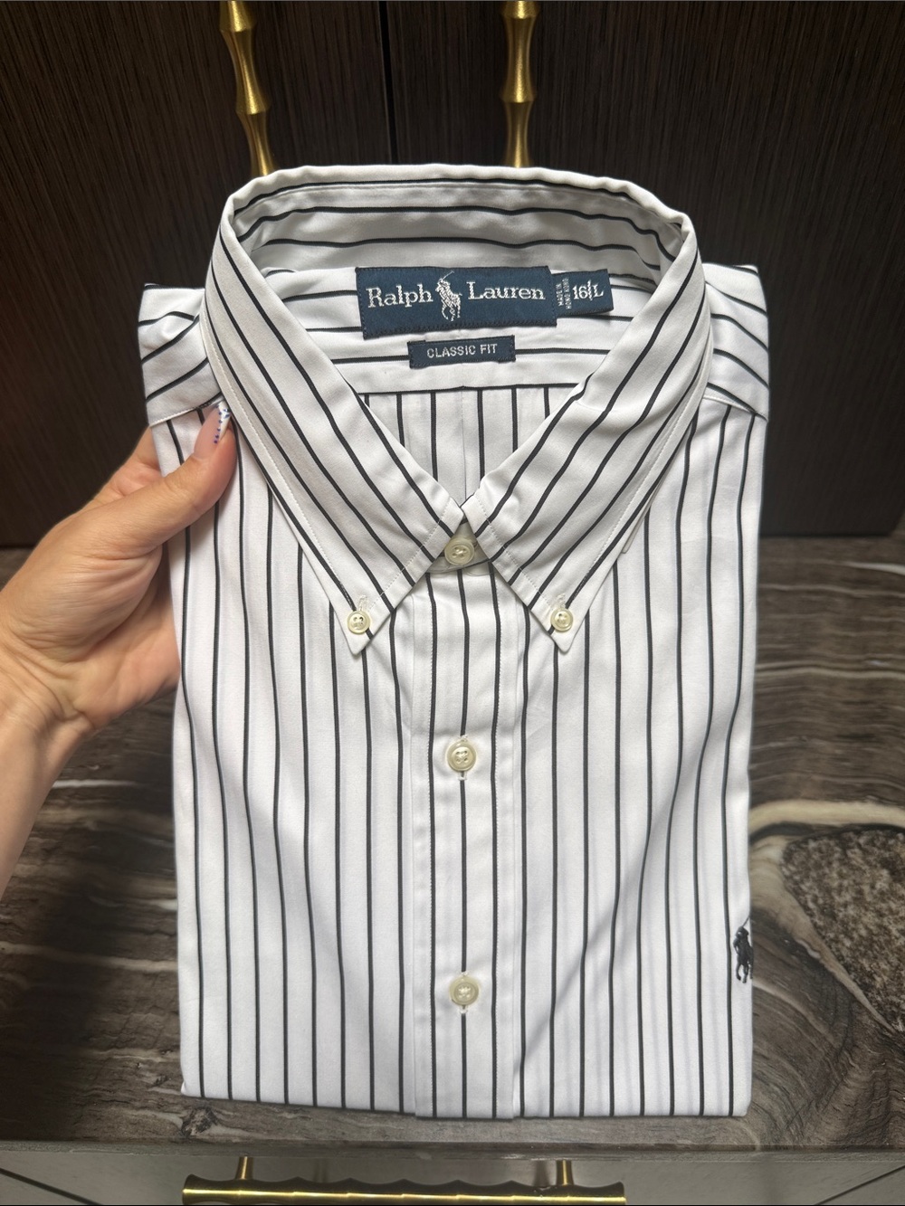 Ralph Lauren White Button-Down Shirt with Black Pinstripes NEW